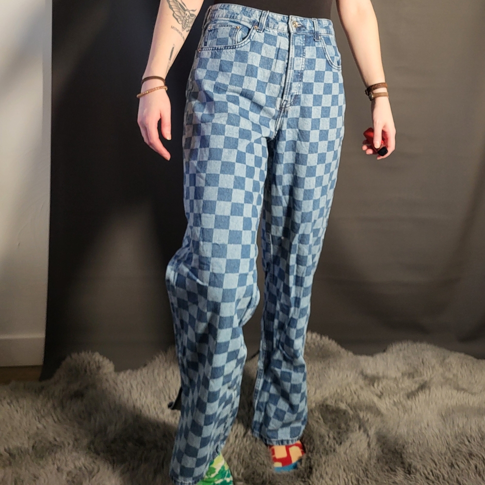 Divided Blue Checkered Straight Leg Jeans
